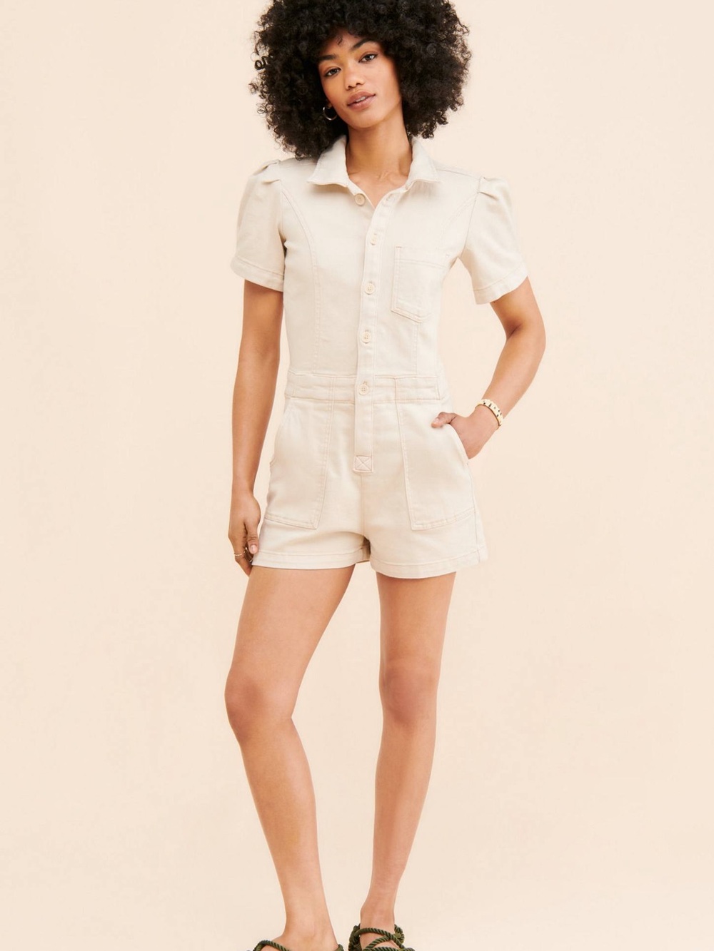 Pilcro Cream Short-Sleeve Button Romper